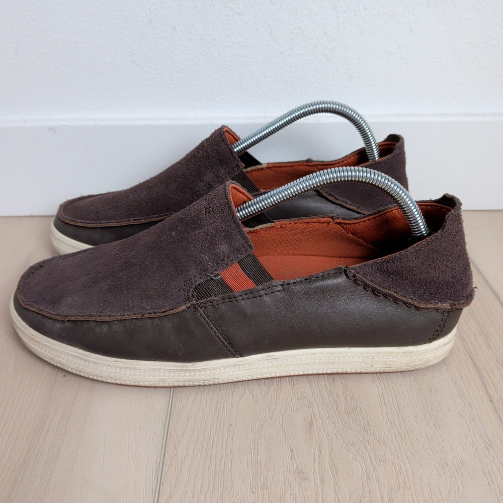 OluKai Pahono Mens 9.5 Dark Brown Leather Suede Slip On Shoes Loafers Drop-In